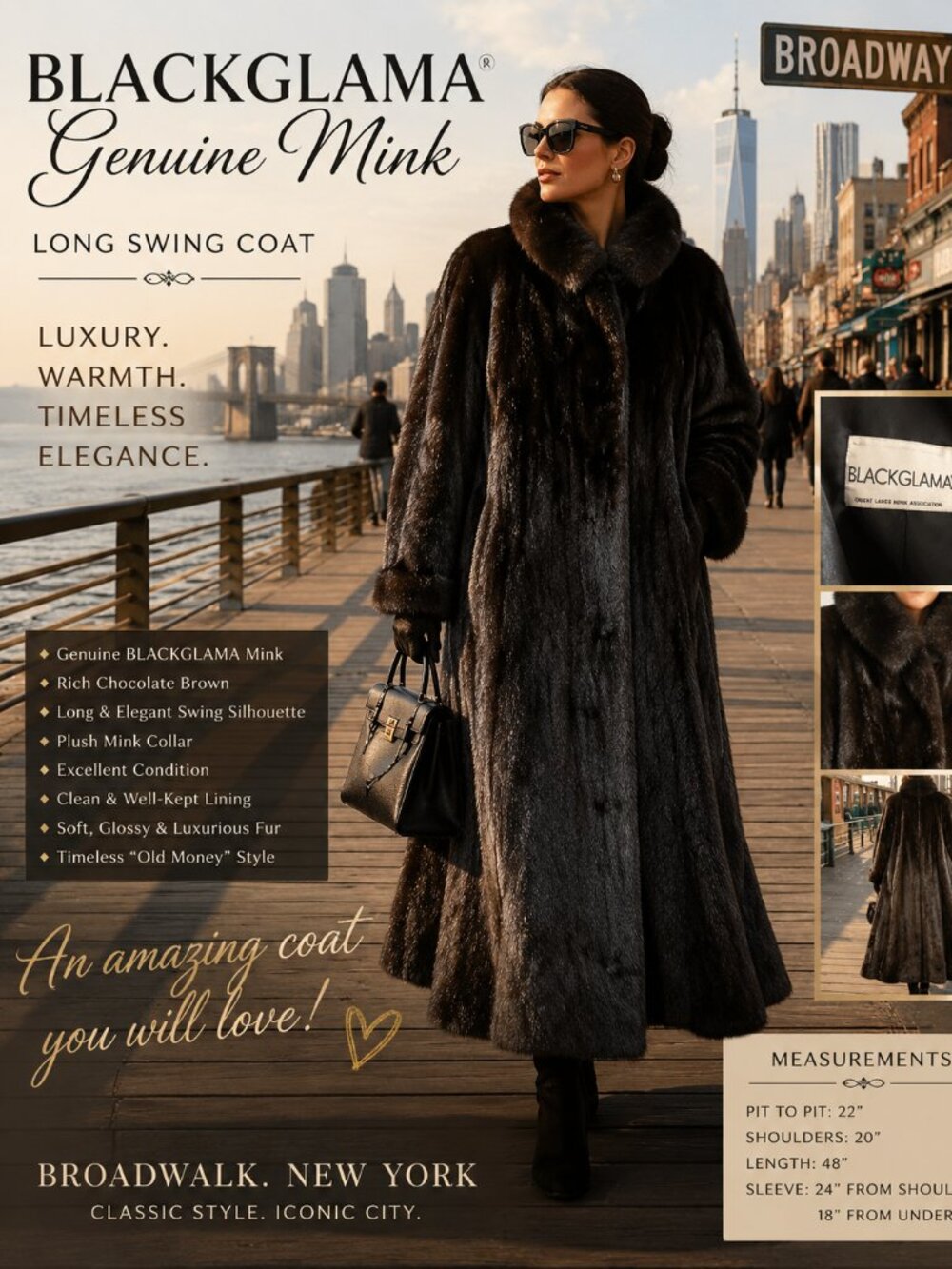 BLACKGLAMA GENUINE MINK 48" SWING COAT – LUXURY CHOCOLATE BROWN – EXCELLENT -L